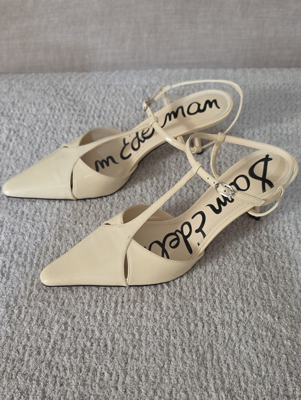Sam Edelman Ivory Patent Leather T-Strap Kitten Heel Pumps